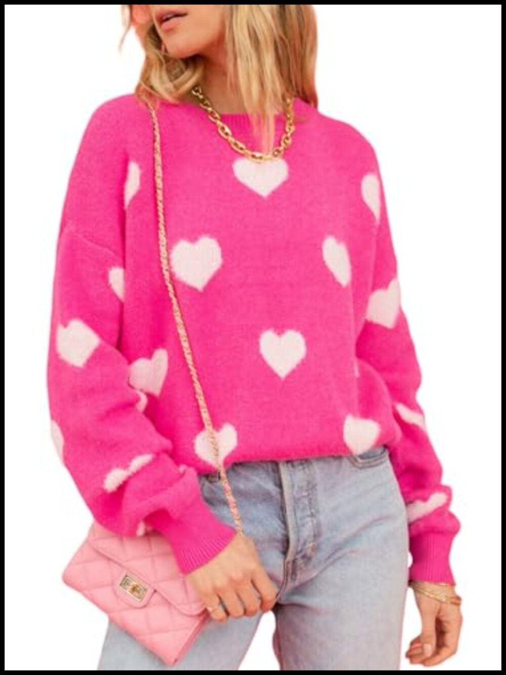 Women's Knitted Heart Sweater Pullover Long Sleeve Crew Neck Cute Holiday Top